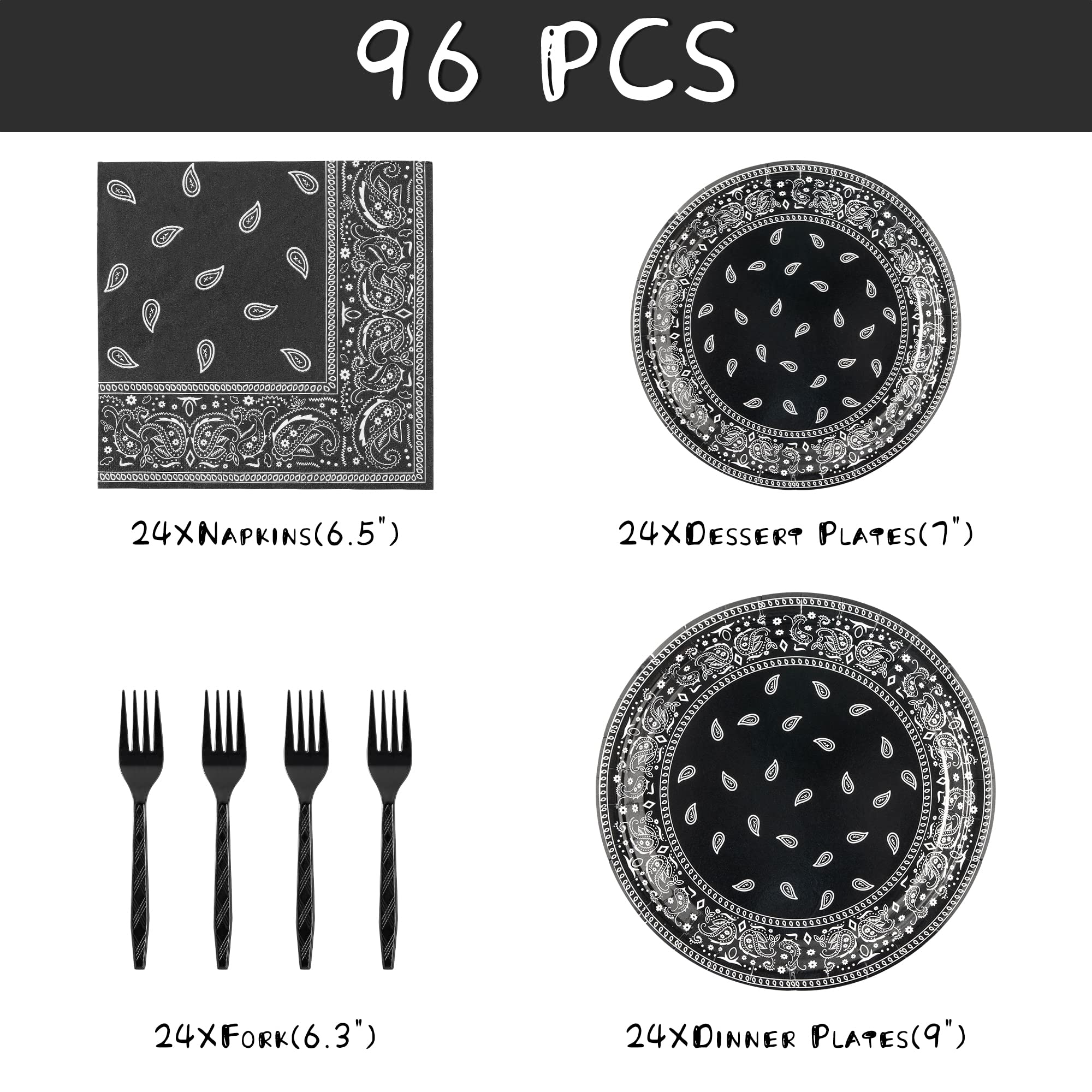 K1Tpde 96Pcs Cholo Bandana Party Tableware Set, Cholo Gangsta Theme Bandana Paper Plates, Western Cowboy Birthday Party Disposab